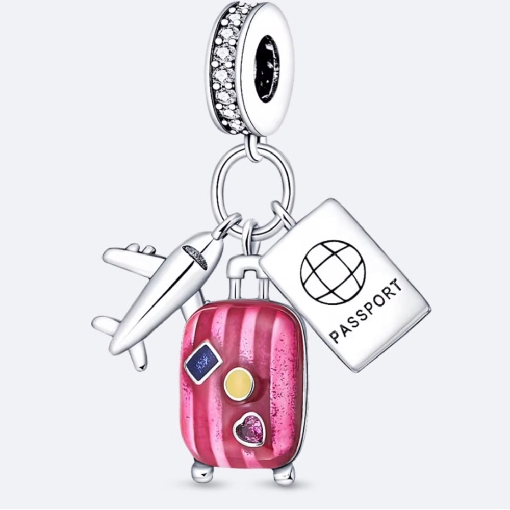 Sterling Silver Travel Charm Pendant - Pink Luggage & Passport - Picture 1 of 1